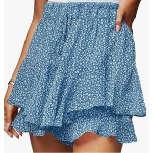 Egockal Blue Floral High Waist Ruffle Hem Elastic Layered Tiered Skort L